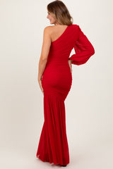 Red Ruched Mesh One Shoulder Asymmetric Maxi Dress