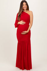 Red Ruched Mesh One Shoulder Asymmetric Maternity Maxi Dress