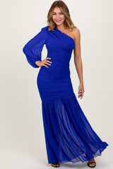 Royal Ruched Mesh One Shoulder Asymmetric Maternity Maxi Dress