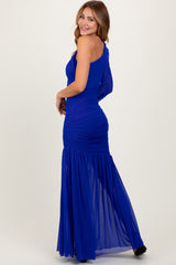 Royal Ruched Mesh One Shoulder Asymmetric Maxi Dress