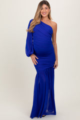 Royal Ruched Mesh One Shoulder Asymmetric Maternity Maxi Dress