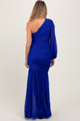 Royal Ruched Mesh One Shoulder Asymmetric Maternity Maxi Dress