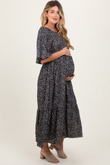 Black Floral Puffed Short Sleeve Maternity Maxi Dress