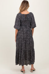 Black Floral Puffed Short Sleeve Maternity Maxi Dress