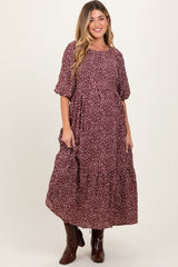 Burgundy Floral Puffed Short Sleeve Maternity Maxi Dress