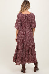 Burgundy Floral Puffed Short Sleeve Maternity Maxi Dress