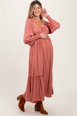 Mauve Square Neckline Bubble Sleeve Maternity Maxi Dress