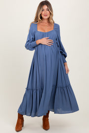 Blue Square Neckline Bubble Sleeve Maternity Maxi Dress