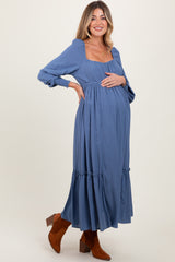 Blue Square Neckline Bubble Sleeve Maternity Maxi Dress