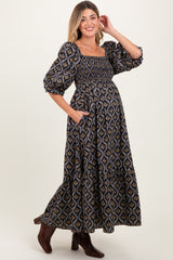 Black Damask Print Smocked Maternity Maxi Dress