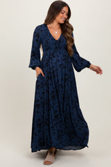 Navy Floral Smocked Button Detail Maternity Maxi Dress