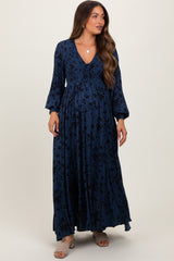 Navy Floral Smocked Button Detail Maternity Maxi Dress