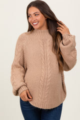 Beige Mixed Chunky Cable Knit Mock Neck Maternity Sweater