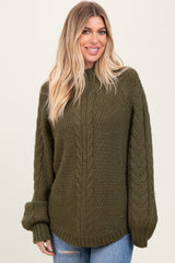 Olive Mixed Chunky Cable Knit Mock Neck Sweater