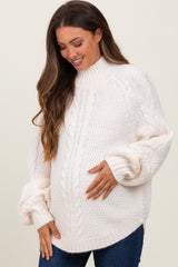 Ivory Mixed Chunky Cable Knit Mock Neck Maternity Sweater