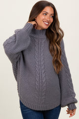 Charcoal Mixed Chunky Cable Knit Mock Neck Maternity Sweater