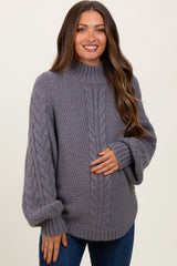 Charcoal Mixed Chunky Cable Knit Mock Neck Maternity Sweater