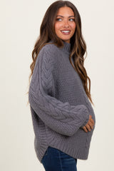 Charcoal Mixed Chunky Cable Knit Mock Neck Maternity Sweater