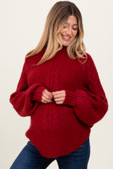 Burgundy Mixed Chunky Cable Knit Mock Neck Maternity Sweater