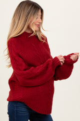 Burgundy Mixed Chunky Cable Knit Mock Neck Maternity Sweater