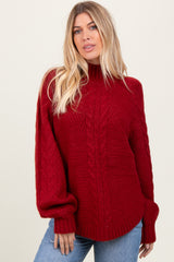 Burgundy Mixed Chunky Cable Knit Mock Neck Maternity Sweater