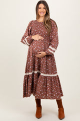 Mocha Smocked Floral Crochet Lace Trim Maternity Maxi Dress