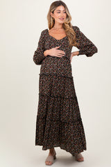 Black Floral Button Accent Bodice Tiered Maternity Maxi Dress