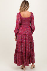 Burgundy Floral Button Accent Bodice Tiered Maternity Maxi Dress