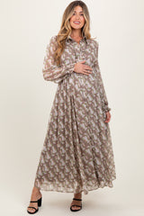 Taupe Floral Chiffon Ruffle Accent Button Down Maternity Maxi Dress