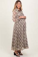 Taupe Floral Chiffon Ruffle Accent Button Down Maternity Maxi Dress