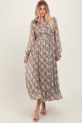 Taupe Floral Chiffon Ruffle Accent Button Down Maxi Dress