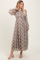 Taupe Floral Chiffon Ruffle Accent Button Down Maxi Dress