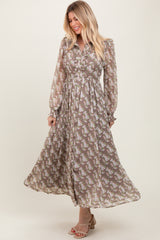 Taupe Floral Chiffon Ruffle Accent Button Down Maternity Maxi Dress