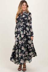 Black Floral Chiffon Ruffle Accent Button Down Maternity Maxi Dress