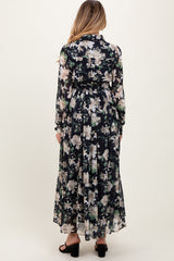 Black Floral Chiffon Ruffle Accent Button Down Maternity Maxi Dress