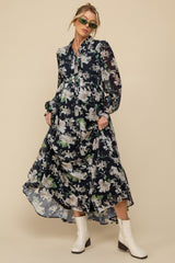 Black Floral Chiffon Ruffle Accent Button Down Maternity Maxi Dress