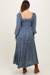 Blue Damask Print Smocked Ruffle Accent Maternity Maxi Dress