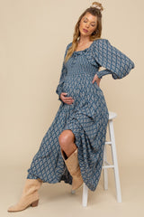 Blue Damask Print Smocked Ruffle Accent Maternity Maxi Dress