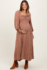 Mocha Damask Print Smocked Ruffle Accent Maternity Maxi Dress