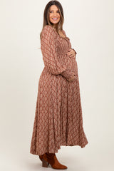 Mocha Damask Print Smocked Ruffle Accent Maternity Maxi Dress