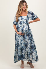 Navy Floral 3/4 Puff Sleeve Maternity Maxi Dress