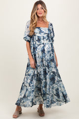 Navy Floral 3/4 Puff Sleeve Maternity Maxi Dress