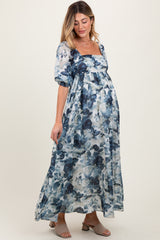 Navy Floral 3/4 Puff Sleeve Maternity Maxi Dress