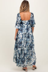 Navy Floral 3/4 Puff Sleeve Maternity Maxi Dress