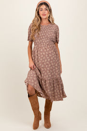 Mocha Floral Puff Sleeve Smocked Maternity Midi Dress