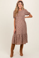 Mocha Floral Puff Sleeve Smocked Maternity Midi Dress