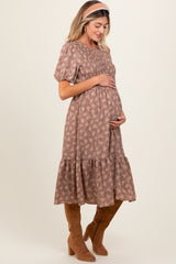 Mocha Floral Puff Sleeve Smocked Maternity Midi Dress