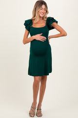 Forest Green Ruffle Short Sleeve Knit Maternity Mini Dress