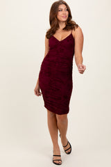 Burgundy Floral Velvet Overlay Ruched Midi Dress