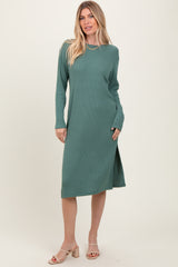 Olive Ribbed Knit Long Sleeve Side Slit Maternity Midi Dress